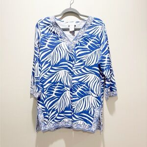 Soft Surroundings Blue and White Tropical Leaf-Print Tunic V Neck Top Cotton L